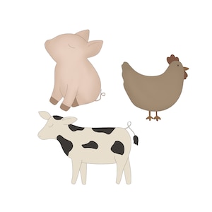 K&ouml;nnte beinhalten: Eine Cartoon-Illustration eines braunen Huhns, eines rosa Schweins und einer schwarz-wei&szlig;en Kuh. Die Tiere sind alle nach vorne gerichtet und haben einfache, cartoonartige Merkmale.
