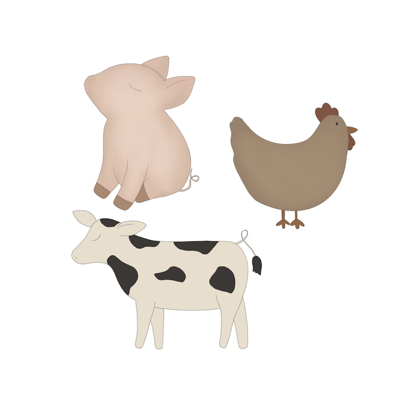 K&ouml;nnte beinhalten: Eine Cartoon-Illustration eines braunen Huhns, eines rosa Schweins und einer schwarz-wei&szlig;en Kuh. Die Tiere sind alle nach vorne gerichtet und haben einfache, cartoonartige Merkmale.