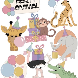 K&ouml;nnte beinhalten: Ein Set mit Partytier-Illustrationen, die eine Giraffe, einen Affen, einen Geparden, einen Elefanten, einen Strau&szlig; und einen Alligator zeigen. Jedes Tier tr&auml;gt einen Partyhut und h&auml;lt ein Geschenk oder einen Ballon. Der Text "Party Animal" ist auf einem wei&szlig;en Schild geschrieben.