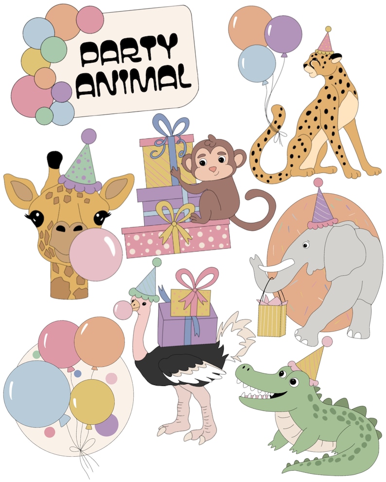 K&ouml;nnte beinhalten: Ein Set mit Partytier-Illustrationen, die eine Giraffe, einen Affen, einen Geparden, einen Elefanten, einen Strau&szlig; und einen Alligator zeigen. Jedes Tier tr&auml;gt einen Partyhut und h&auml;lt ein Geschenk oder einen Ballon. Der Text "Party Animal" ist auf einem wei&szlig;en Schild geschrieben.