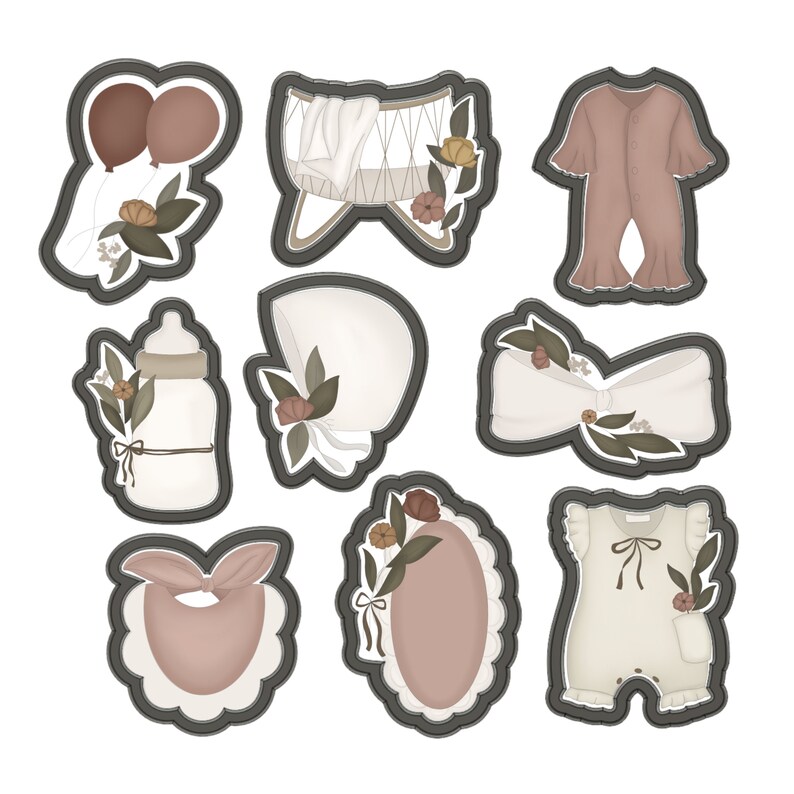 May include: A set of nine cookie cutters in the shape of baby-related items, including a crib, a bottle, a bib, a bow, a hat, and two onesies. The cutters are made of metal and have a brown finish.