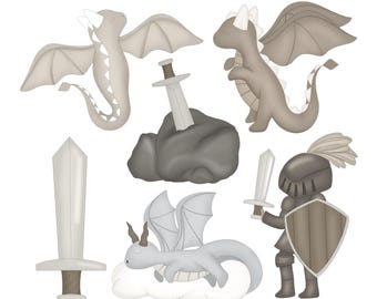May include: A collection of whimsical illustrations featuring dragons, swords, and a knight. The dragons are in shades of gray and beige, with outstretched wings. A sword is embedded in a stone, and a knight holds a sword and shield.