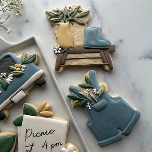 May include: A set of five decorated sugar cookies. The cookies are decorated with blue, green, yellow, and white icing. The cookies depict a picnic scene with a truck, a bench with a vase of flowers, a pair of overalls, a note that says "Picnic at 4 pm", and a flower.