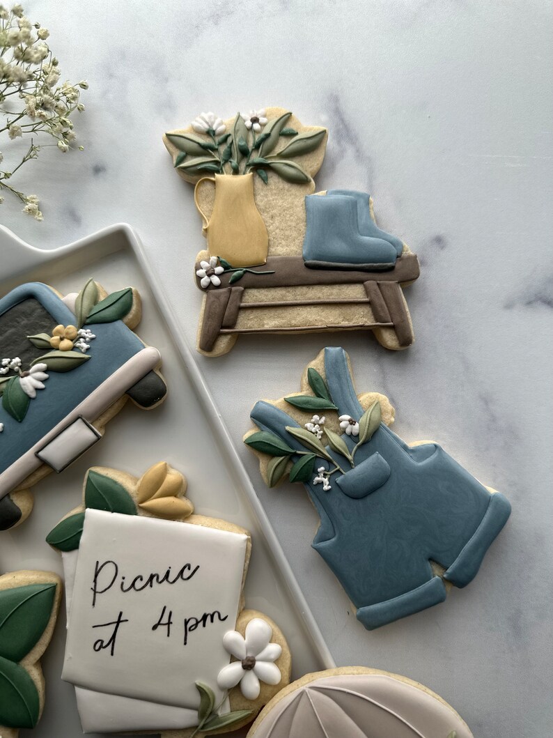 May include: A set of five decorated sugar cookies. The cookies are decorated with blue, green, yellow, and white icing. The cookies depict a picnic scene with a truck, a bench with a vase of flowers, a pair of overalls, a note that says "Picnic at 4 pm", and a flower.