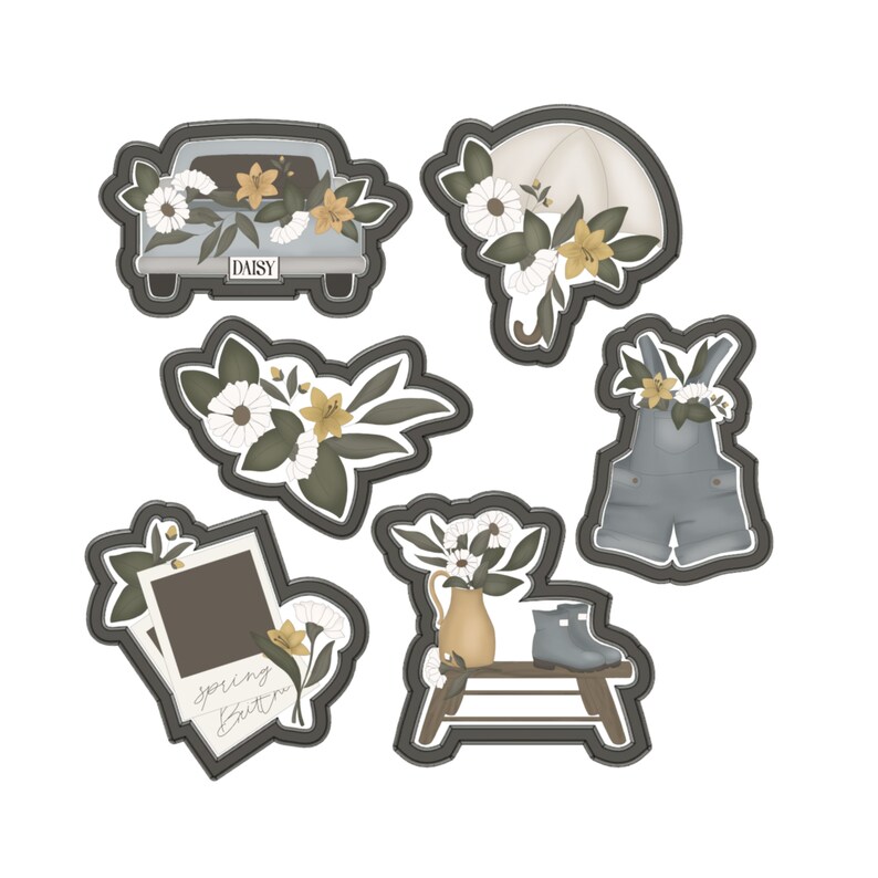 May include: A set of six die-cut stickers featuring a vintage car, an umbrella, a pair of overalls, a bouquet of flowers, a photo frame, and a stool with a pair of rain boots. The stickers are all in a dark gray color and have a rustic, vintage aesthetic.