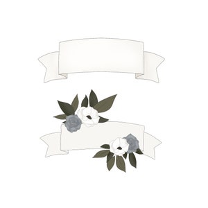 May include: Two white banners with a floral design. The top banner is plain. The bottom banner has white flowers and gray roses with green leaves.