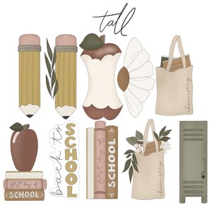 May include: A set of back to school themed digital clipart featuring a bitten apple, pencils, books, a locker, and tote bags with the text "first day of school" and "chemistry".