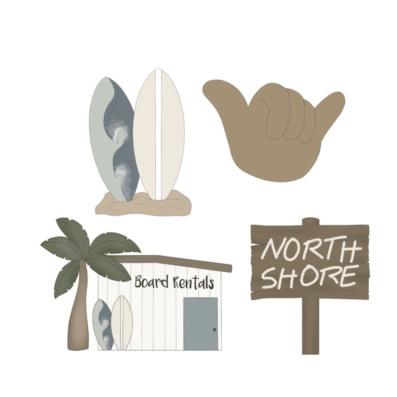 May include: A set of beach-themed illustrations including a surfboard rental shop, two surfboards, a hand making the shaka sign, and a wooden sign that reads "NORTH SHORE".
