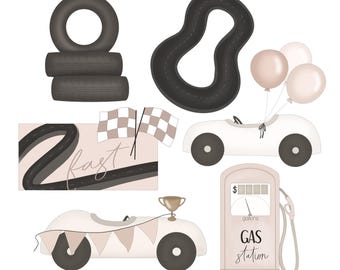 May include: An illustration featuring racing-themed elements. It includes a stack of tires, a race track, checkered flags, toy cars, balloons, a trophy, and a gas station with the text "GAS station". The color palette is soft, with shades of white, gray, and beige.
