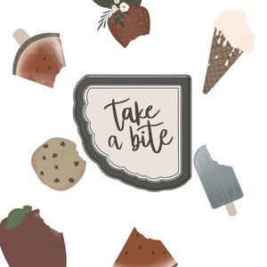 May include: A digital illustration of various foods with a bite taken out of them, including watermelon, ice cream, a cookie, a strawberry, and a popsicle. The text "take a bite" is written in a brown font on a white background.