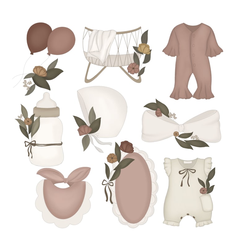 May include: A set of baby shower decorations featuring a crib, a bottle, a bib, a bonnet, a bow, and two outfits. The decorations are in shades of pink, brown, and white with floral accents.