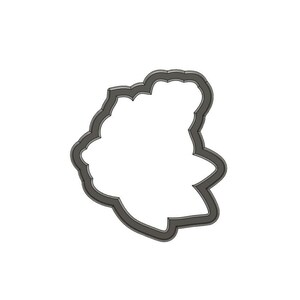 May include: A gray, scalloped-edge cookie cutter in the shape of a flower or leaf. The cutter is made of metal and has a simple, clean design. The cutter is on a white background.