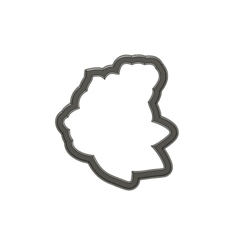 May include: A gray, scalloped-edge cookie cutter in the shape of a flower or leaf. The cutter is made of metal and has a simple, clean design. The cutter is on a white background.