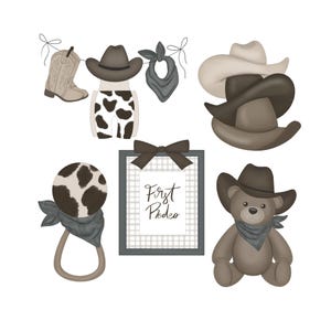 May include: A collection of cowboy-themed baby items in shades of brown, gray, and white. Includes a cowboy boot, hats, a bandana, a rattle, a teddy bear, and a sign that reads "First Rodeo."