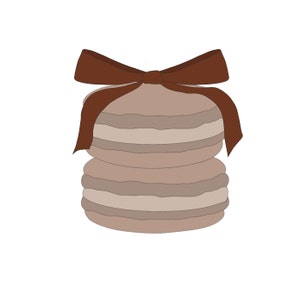 May include: A stack of brown macarons tied with a brown ribbon bow.