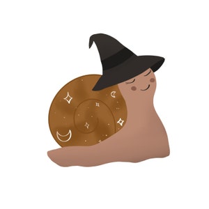 May include: A brown snail with a black witch hat and a shell decorated with white moons and stars.