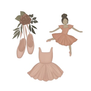 May include: A set of ballet-themed items including a pink tutu, a pair of pink ballet shoes, and a brown-haired ballerina doll wearing a pink dress.