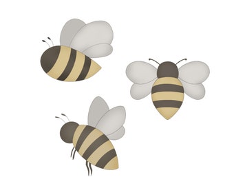 May include: Three cartoon bees with black and yellow stripes and gray wings. The bees are flying in different directions.
