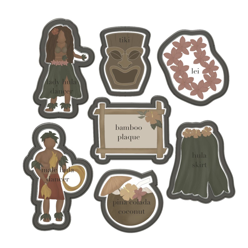 Puede incluir: Un conjunto de nueve cortadores de galletas con forma de art&iacute;culos con tem&aacute;tica hawaiana, que incluyen una bailarina de hula, una m&aacute;scara tiki, un lei, una placa de bamb&uacute;, una falda de hula, un coco con una bebida de pi&ntilde;a y un aro de hula. Los cortadores de galletas est&aacute;n hechos de metal y tienen un contorno negro.