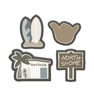 May include: A set of four cookie cutters shaped like a surfboard, a palm tree, a shack with the text "Board Rentals", and a sign that says "NORTH SHORE".