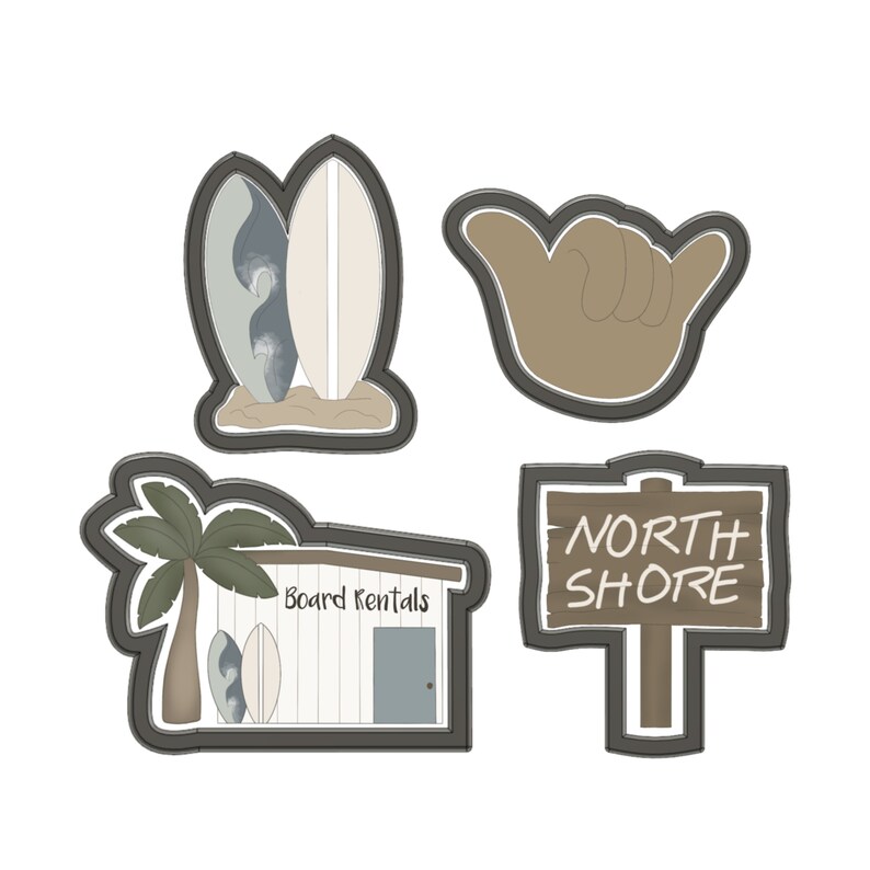 May include: A set of four cookie cutters shaped like a surfboard, a palm tree, a shack with the text "Board Rentals", and a sign that says "NORTH SHORE".