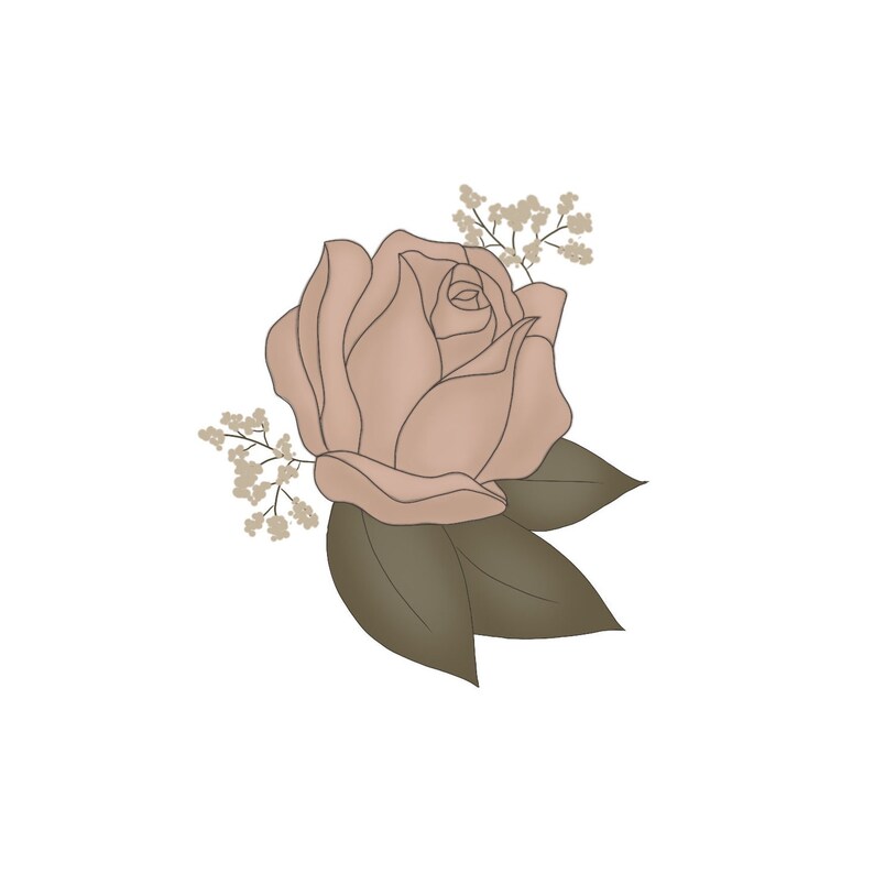 May include: A digital illustration of a rose in a soft, muted peach color. The rose is surrounded by dark green leaves and small, light beige floral accents. The image is set against a clean white background, creating a simple and elegant design.