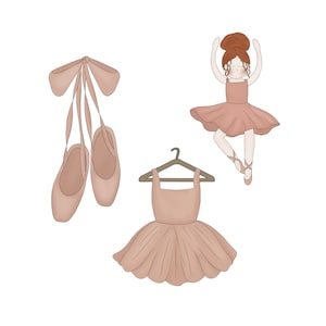 May include: A set of ballet-themed items including a pink tutu on a hanger, a pair of pink ballet shoes, and a pink ballerina doll with brown hair.