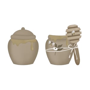 May include: Two brown ceramic honey pots with lids, one with a honey dipper. The honey pot on the right has a white ribbon and a bee design.