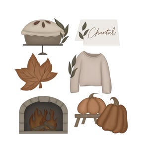 May include: A set of autumn-themed illustrations featuring a pie, a sweater, a fireplace, pumpkins, and a leaf. The name "Chantal" is written on a place card.