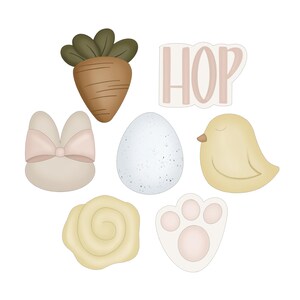 May include: A collection of Easter-themed cookie cutters in various shapes. Includes a carrot, bunny, egg, chick, flower, and paw print. The word "HOP" is also included. The color palette is soft, with shades of brown, beige, and yellow.