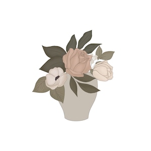 May include: A bouquet of pink and white flowers in a light gray vase. The flowers are arranged in a loose, natural style. The vase is a simple, elegant design.