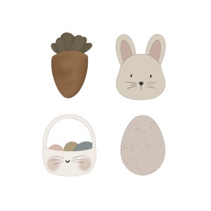 May include: A set of four Easter-themed illustrations featuring a brown carrot, a white bunny face, a white basket with colorful eggs, and a speckled brown egg.
