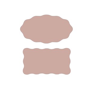 May include: Two blank, wavy-edged, light brown labels. The top label is oval shaped and the bottom label is rectangular.