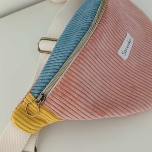 Sac banane velours côtelé tricolore,fabrication française,velours bleu,vieux rose , jaune,