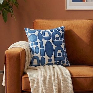 Geometric pattern pillow covers, mid-century, abstract, modern, retro print cushion, blue, 40x40cm, Mid-Century Modern pillow cover