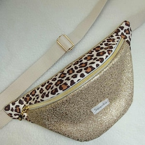 Sac banane Léopard et simili cuir or,fabrication française,cadeau de Noël, sac banane multicolore,