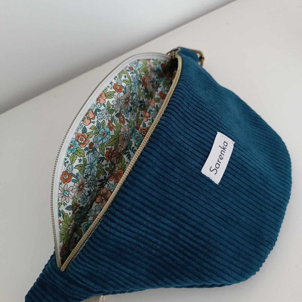 Sac banane velours côtelé bleu marine,fabrication française,fait main,