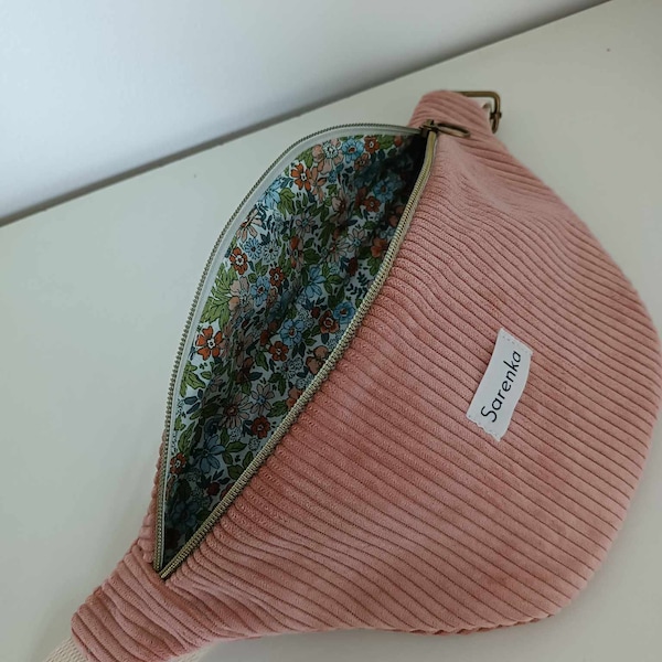 Sac banane velours côtelé,fabrication française,velours vieux rose;