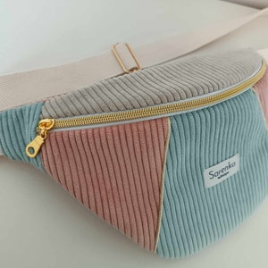 Corduroy fanny pack, French made, multi-colored fanny pack, water green velvet, old pink, beige, pastel colors,