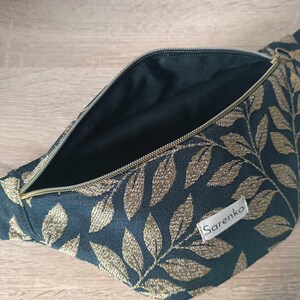 Sac Banane Femme Fleuri ,sac tissu jacquard,sac banane bohème ,Sac tendance,Fanny Pack, Bum bag,Fait main,tissu feuillages dorés et noirs,