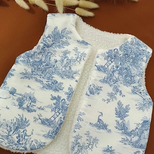 Kinder-Schäferweste aus Jouy-Canvas, wendbar, Fleeceweste, ärmellose Weste, Fleece, handgefertigt in Frankreich,