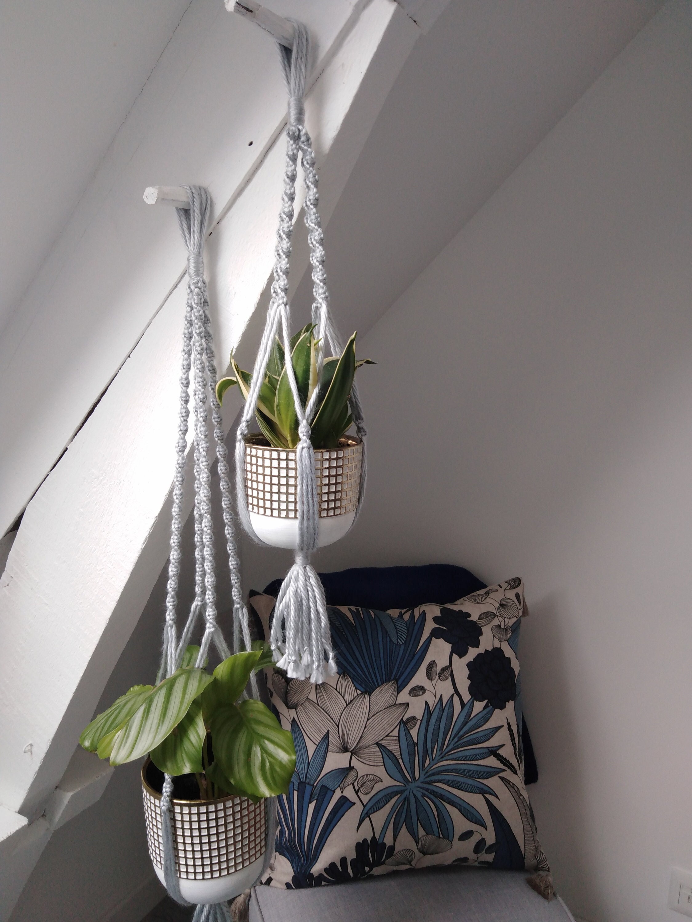 Porte-Plantes/Suspension Pour Plantes, Bohème, Macramé, Blanc, Gris