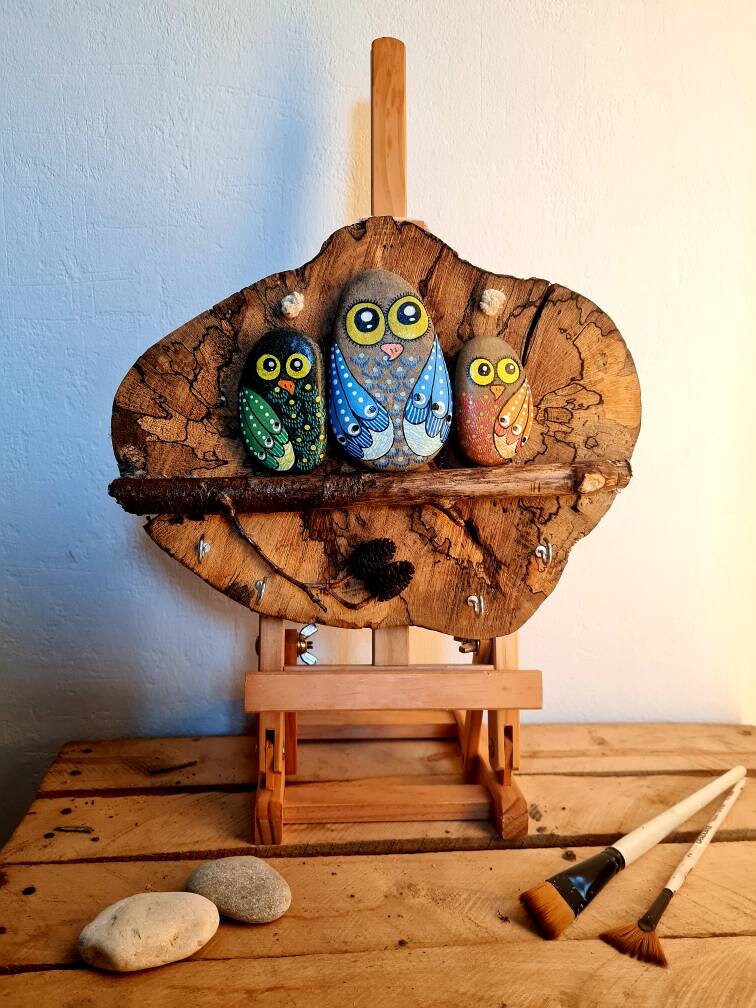 Accroche Clé/Porte Mural Galets Peints à La Main sur Bois Hiboux