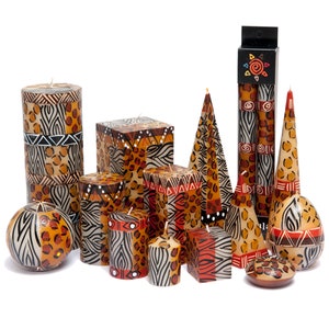 Fairtrade Colourful Pyramid, Pillar & Ball Candles – Animal Print Design – Kapula