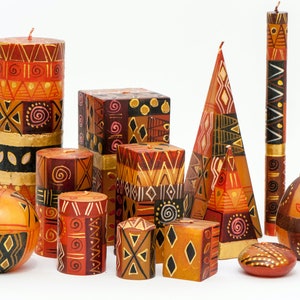 Fairtrade Colourful Pyramid & Pillar Candles – African Print Safari Gold Design – Kapula