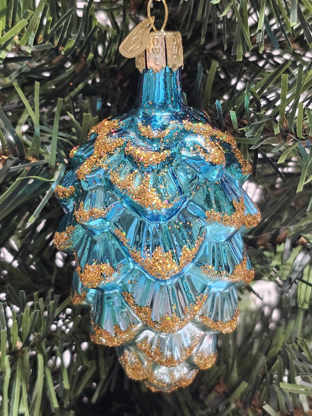 Ponderosa Pine Cone Blue Vintage Christmas Ornament, Hand Painted Blown