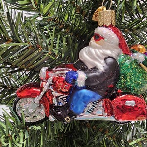 Vintage Christmas Ornament Biker Santa, Hand Painted Blown Glass Seasonal Xmas Tree Decor, Collectible Holiday Gift Idea
