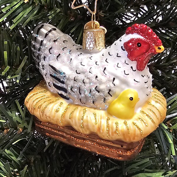 Vintage Christmas Ornament, Hen on Nest Hand Painted Blown Glass Seasonal Xmas Tree Decor, Collectible Holiday Gift