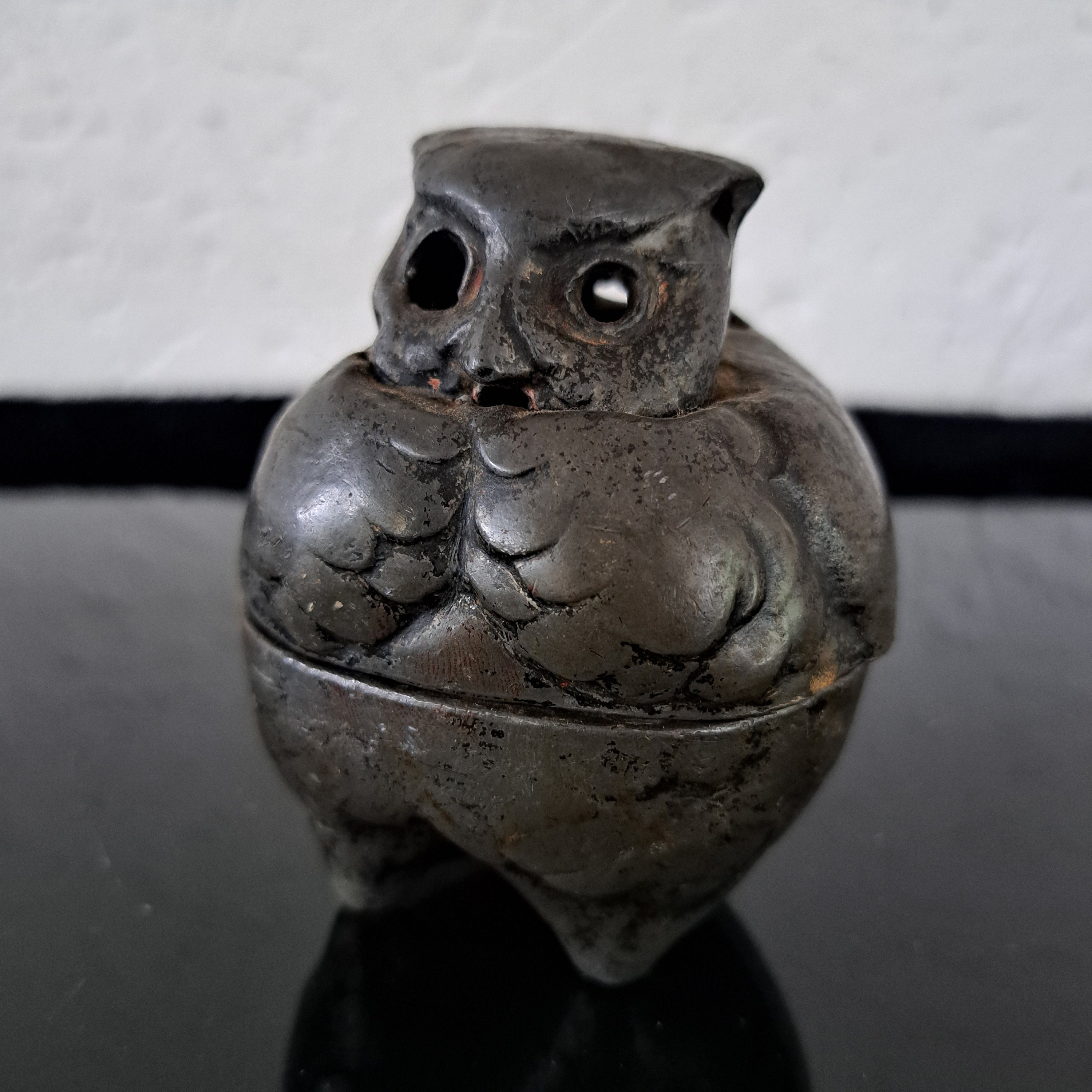 Antique Japanese metal horned owl incense burner.
