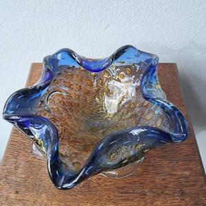 Italian Murano vintage blue gold splatter art glass bowl-dish